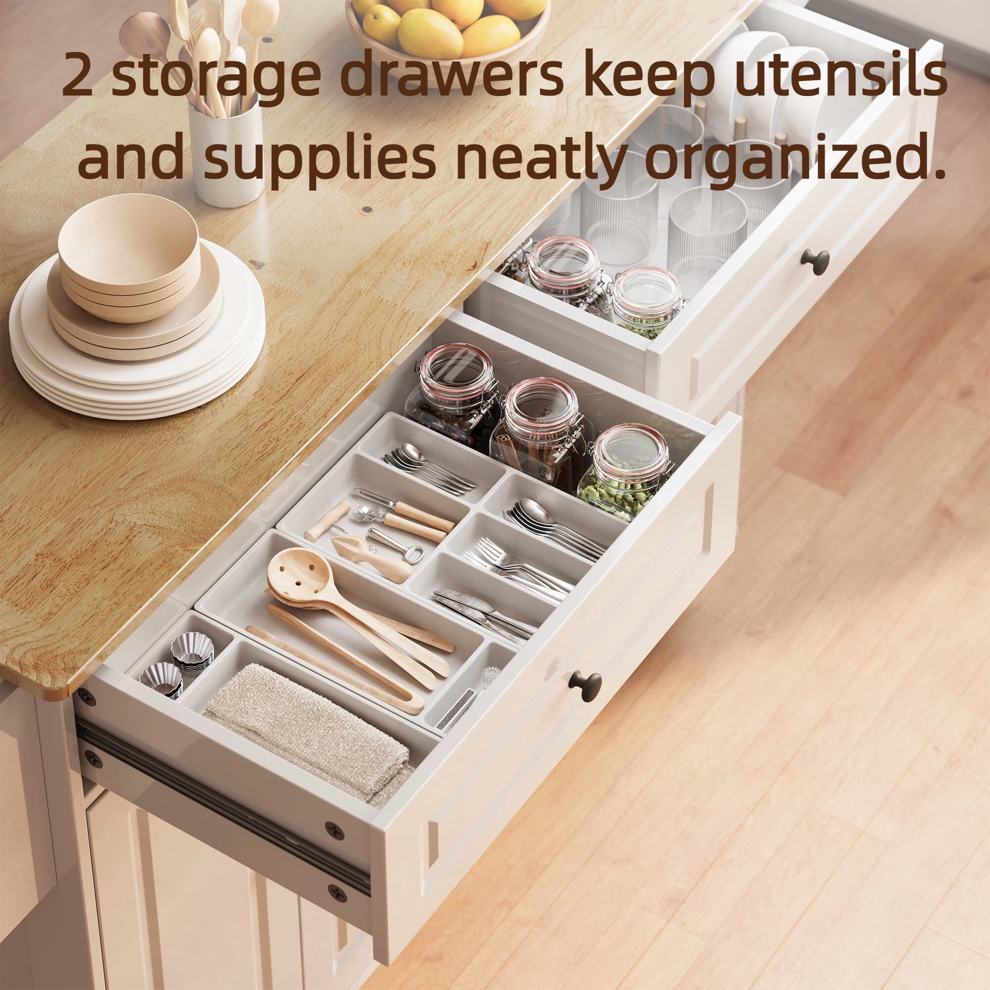 Lofka Kitchen Island, Rolling Kitchen Carts with Wheels & 52" Folding Drop Leaf, Mobile Storage Cabinet with 2 Drawers for Dining room, White