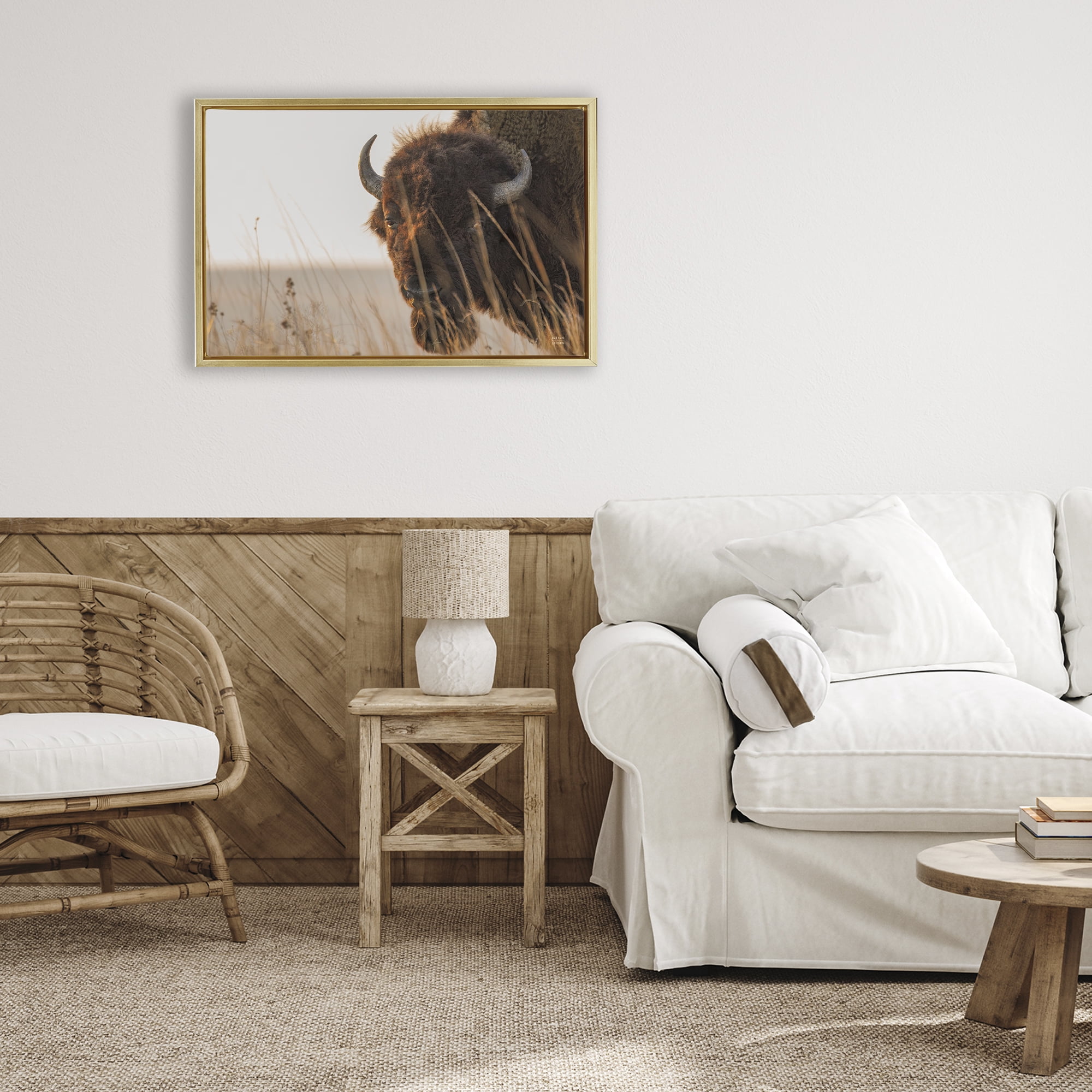 Stupell Industries Bison Sunset on Golden Prairie Gold Framed Floater Canvas Wall Art, design by Nathan Larson