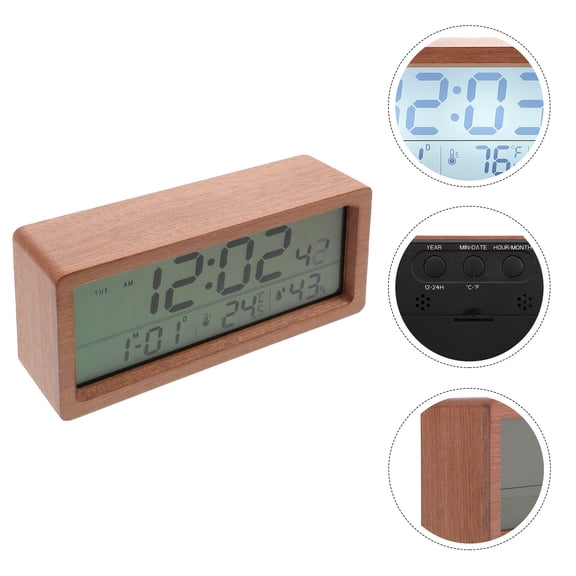 RENACLIPY Brown Wooden Digital Alarm Clock with Temperature and Humidity Monitor for Home and Office Use