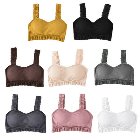 

Womens Ruffles Lace Ribbed Sport Bralette Push Up Wire Free Bra Underwear Crisscross Strappy Backless Yoga Crop Top