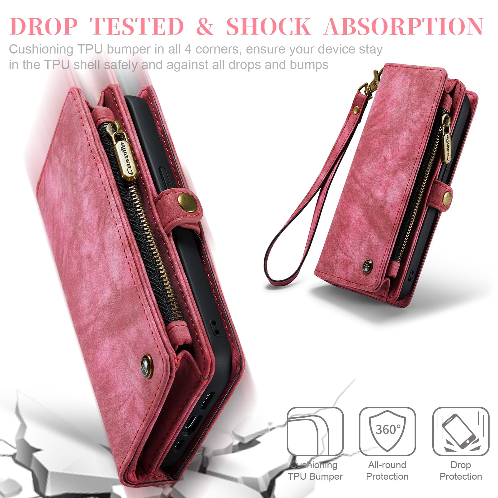Feishell Durable 2- In-1 Magnetic Detachable Wallet Case for iPhone 16 Pro Max,for Women Men,Premium PU Leather Zipper Pocket Flip Multi Card Slots Purse Phone Case with Wrist Strap,Red
