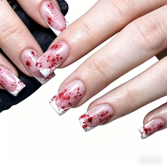 24PCS Short Square Halloween Press On Nails, Nude Base with White French Tip & Blood Splatter Horror Design, Glossy Natural Fit Fake Nails for Women, Costume Party & Daily Manicure, Salon & Home Use