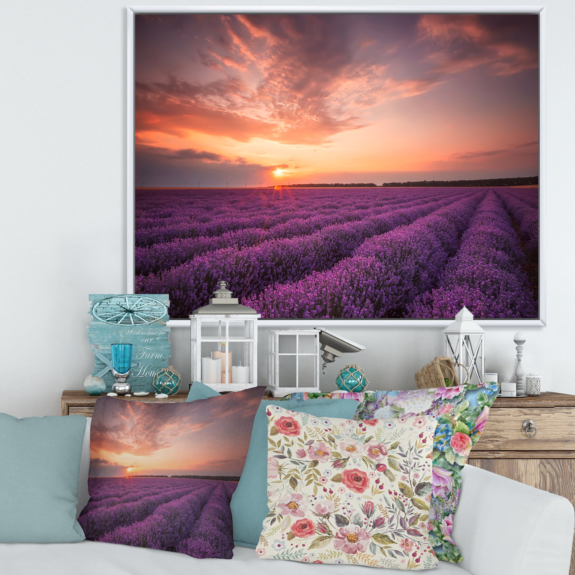 Designart 'Dramatic Clouds and Sunrise Over Lavender Field XII' Farmhouse Framed Canvas Wall Art Print
