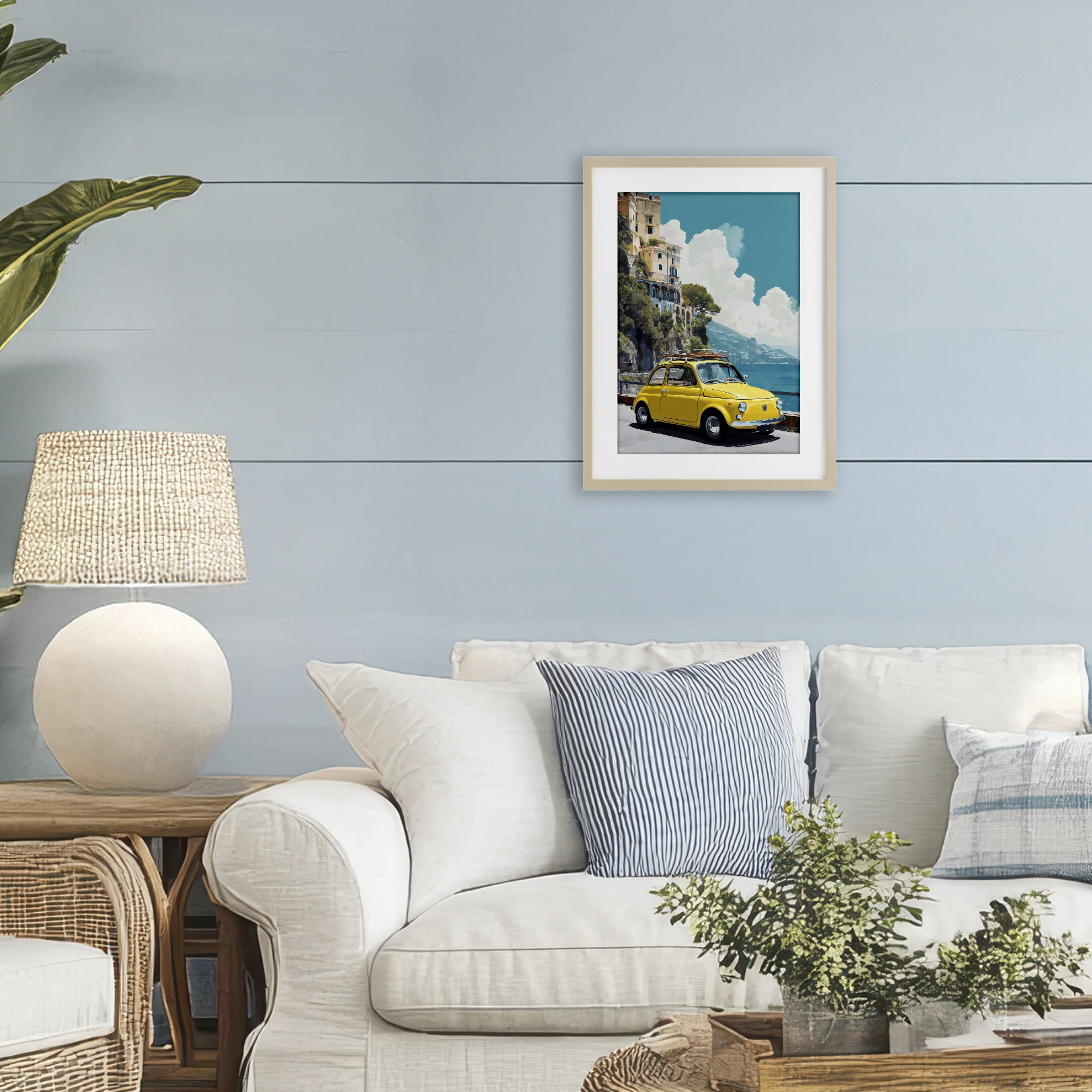 Stupell Industries Yellow Car on Coast Birch Framed Print Under Glass, design by Petal Prints Design