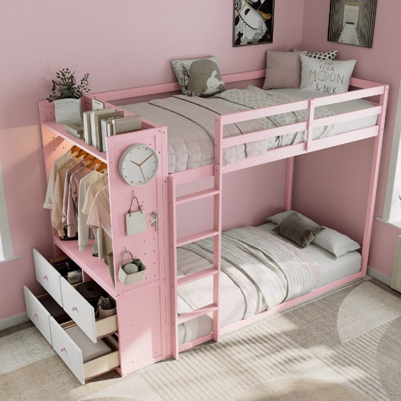Twin Size Bunk Bed Frame with 4 Storage Drawers and Hanging Rail, Light Strip Wood Bunk Bed Frame with Built-in Shelves & Dual Pegboards for Bedroom, Apartment, Mattress not included, Pink