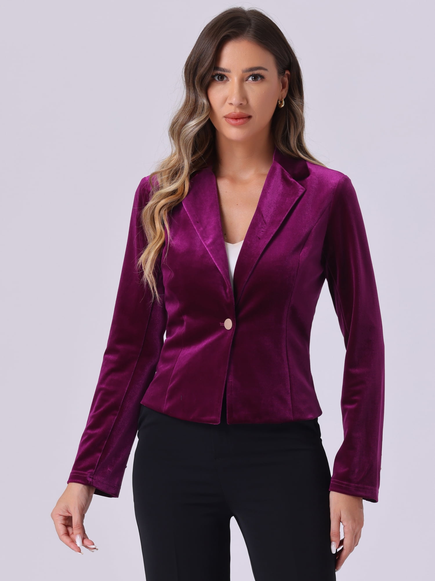 DARING DIVA Women's Button Front Velvet Blazer Lapel Crop Suit Jacket XL Deep Purple