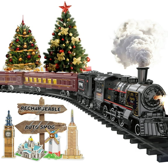 Electric Train Sets for Boys Girls Metal Alloy Christmas Trains Toys Steam Locomotive, Passenger Carriages, Tracks, Light & Sounds Rechargeable Birthday Gifts for Kids 3 4 5 6 7 8 + Years Old Red