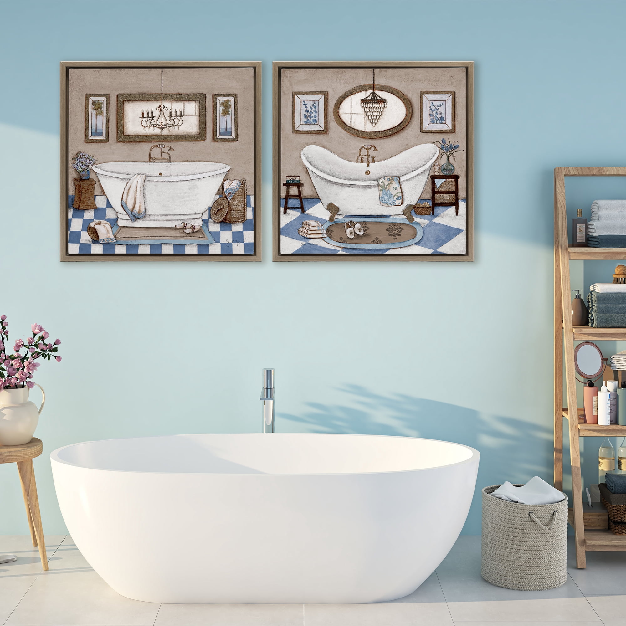 Stupell Industries Tiled Bathroom Views 2 Piece Brown Framed Floater Canvas Set, design by Janet Tava