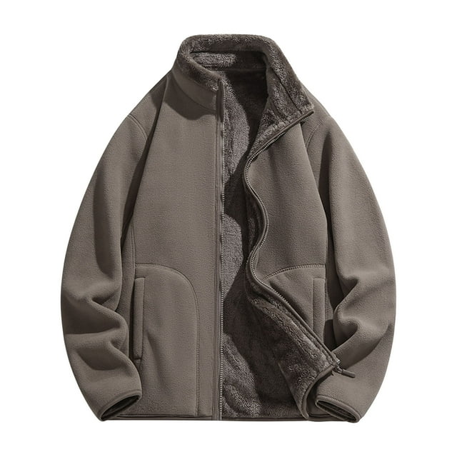 hoksml Men's Reversible Fleece Jacket Stand Collar Zip Up Solid Color Long Sleeve Casual Winter Coats with Pockets