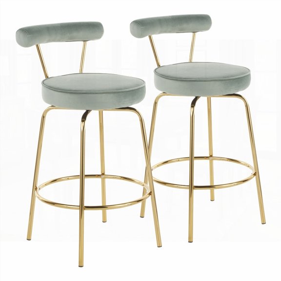 2-Piece Gold Metal & Sage Green Velvet Dining Stools - Glam Style