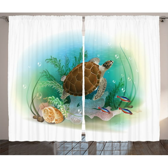 Ambesonne Ocean Curtains 2 Panel Set, Sea Turtles Underwater, 108" x 84", Green Brown