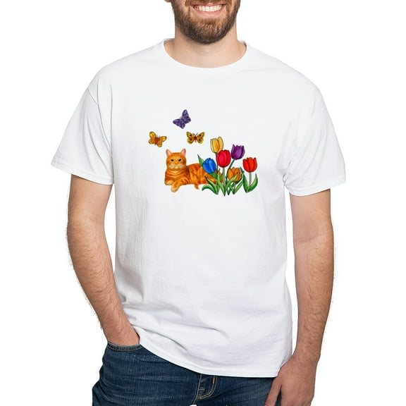 CafePress - Orange Cat In Tulips T Shirt - Men's White Classic Cotton T-Shirts