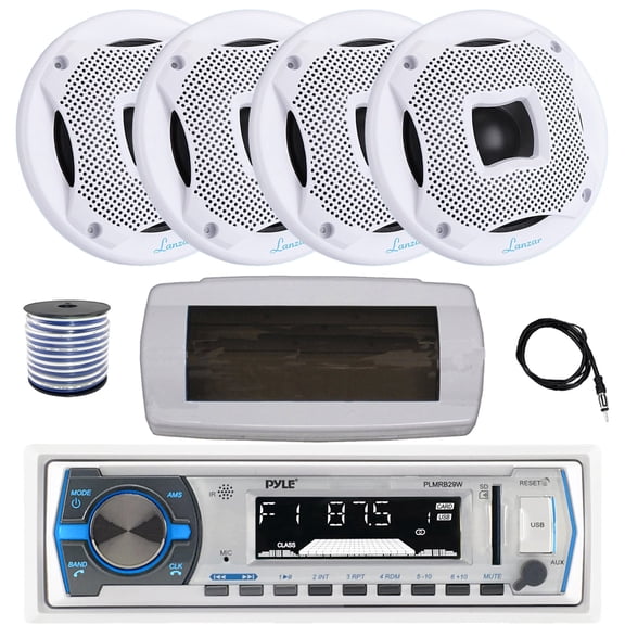 Pyle PLMRB29W Single DIN Bluetooth Marine MP3 AM/FM Stereo Receiver with White Cover, 22" Radio Antenna, Wire, 4x 6.5" 450 Watt Peak 2-Way Water Resistant Boat Audio Speakers (White)