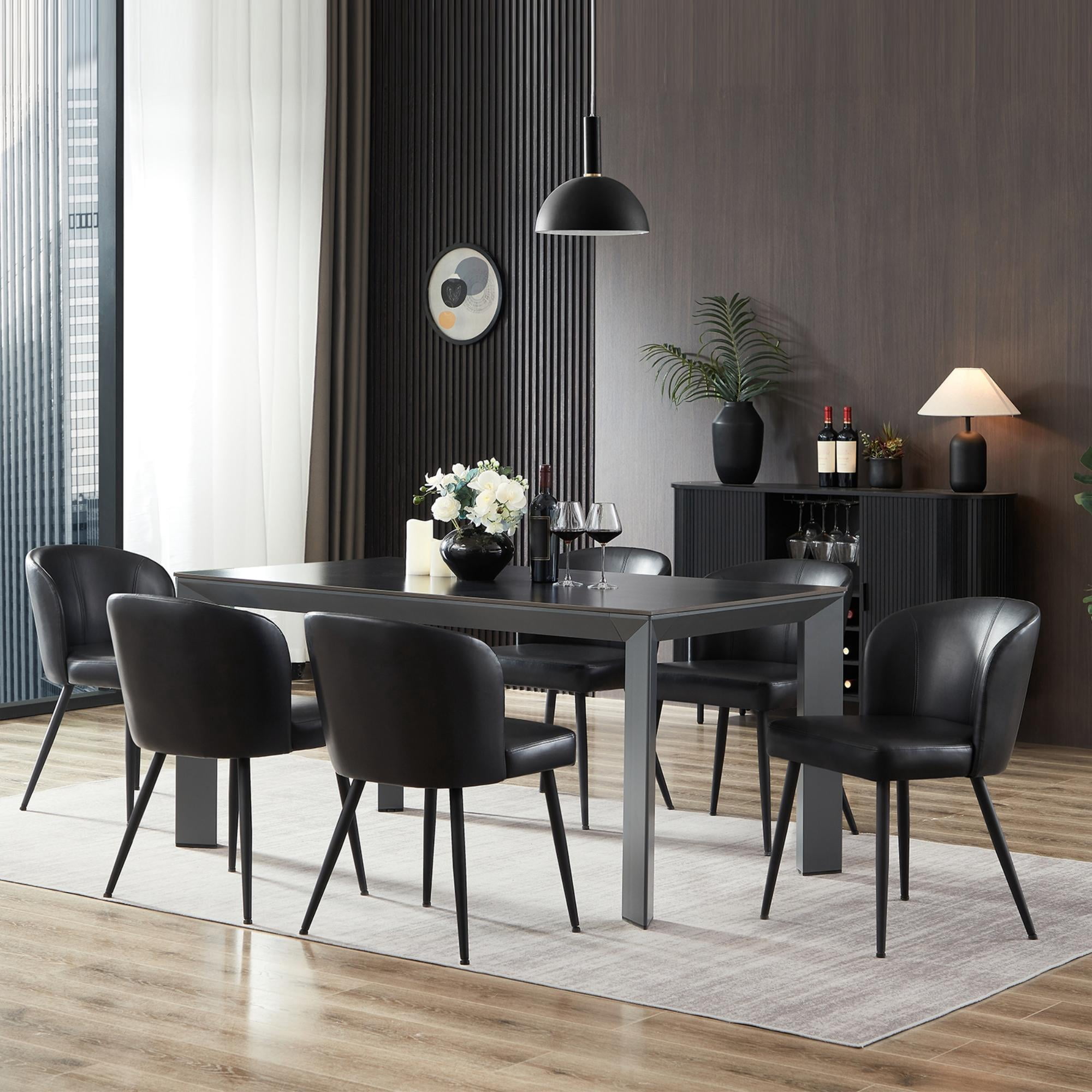 Sailvan Dining Chairs Set of 2, Modern Living Room Chairs, Leather Kitchen Chairs, Mid Century Style Upholstered Chairs for Dining room, With Cushion Seat And Metal Legs, Easy Assembly, Black