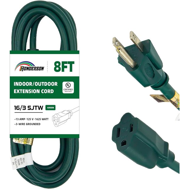 Shiyou-Rallonge Intérieure Extérieure Résistante aux Intempéries, Certifiée UL, 16 Gauge 8 Pieds Vert 3 Broches Rallonge Robuste, 16/3 SJTW 13A pour Lumières Extérieures, Appareils, Pelouse