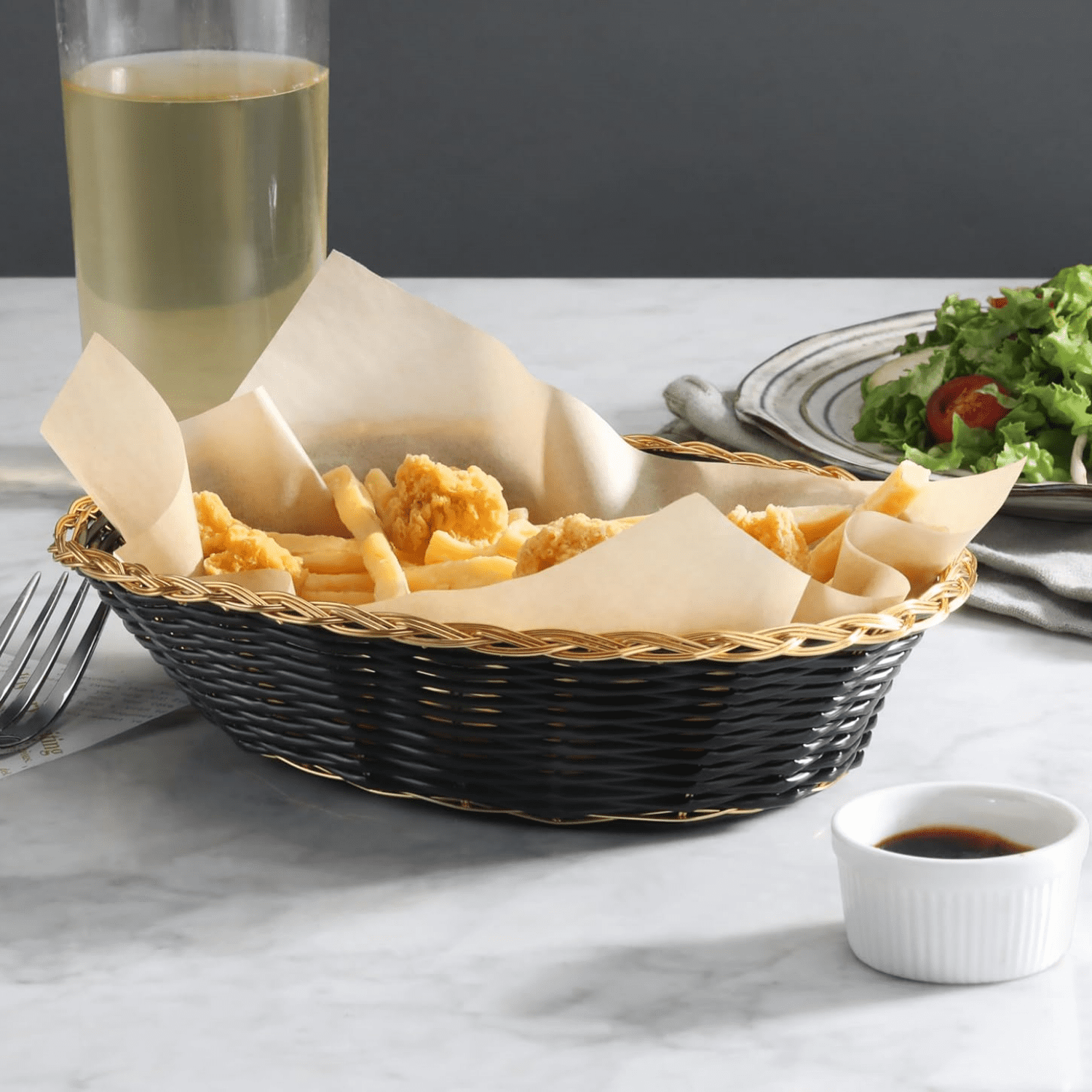Polypropylene Oval Woven Food Basket (Set of 12), 9" x 6.25 x 2.25", Black with Golden Trim