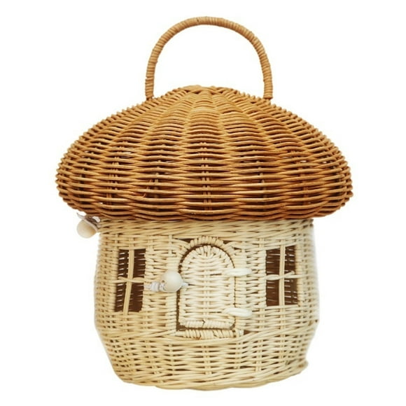 Mushroom Basket with Lid, Handmade Wicker Rattan Baskets Woven Shelf Organizer for Picnic Outdoor
