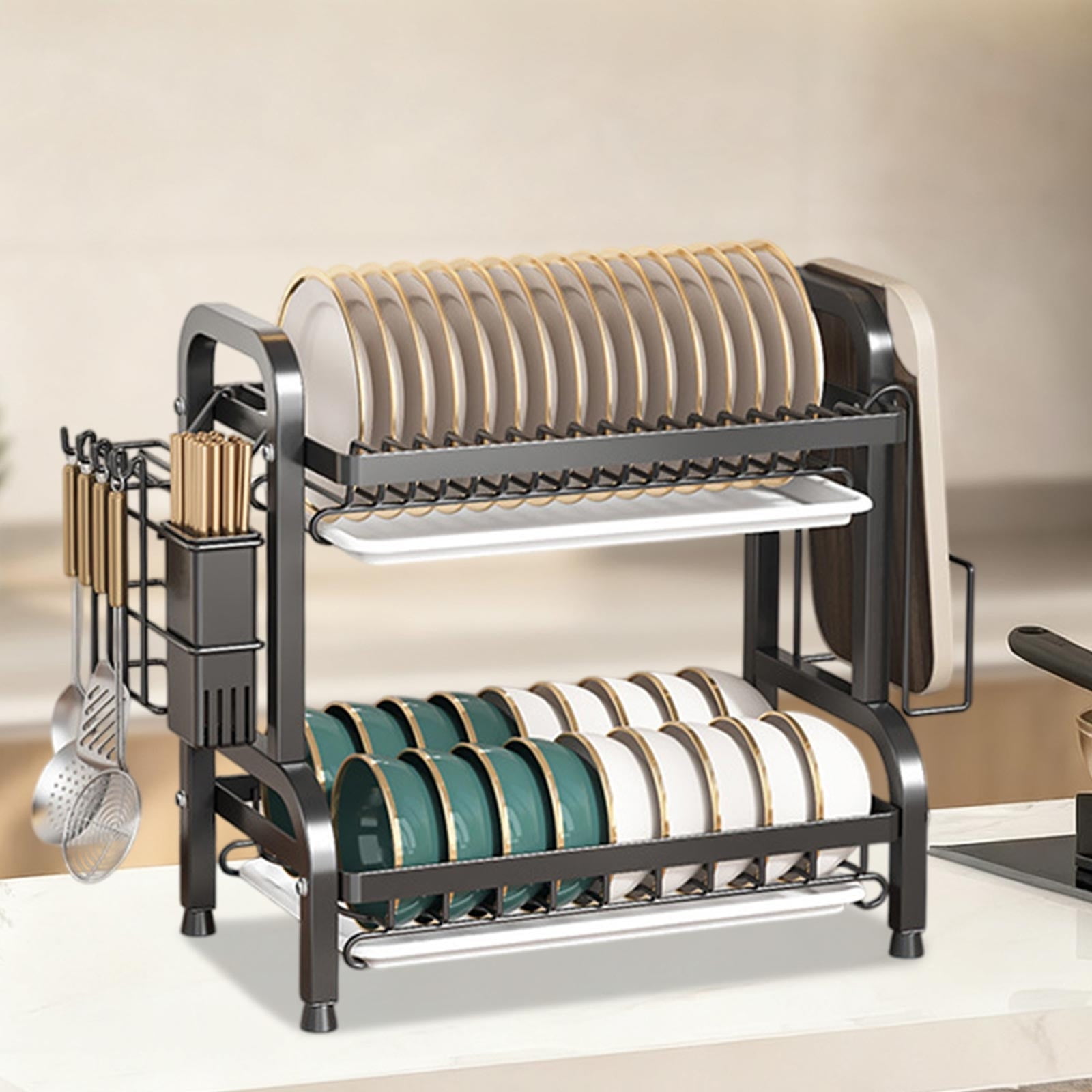 Dish Drying Rack, 2-Tier Dish Racks for Kitchen Counter with Carbon Steel Dishwasher Rack , Sturdy Dish Drainer with Knife, Fork & Plate Rack | Space - Saving Drying Rack Kitchen Gadget