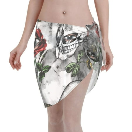 Disketp Skulls Roses Women Swimsuit Cover Up Short Chiffon Summer Beach Sarong Bikini Wrap Skirt Bathing Suit