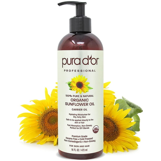 PURA D'OR Organic Sunflower Seed Oil (16oz) USDA Certified 100 Pure Carrier Oil Moisturizing