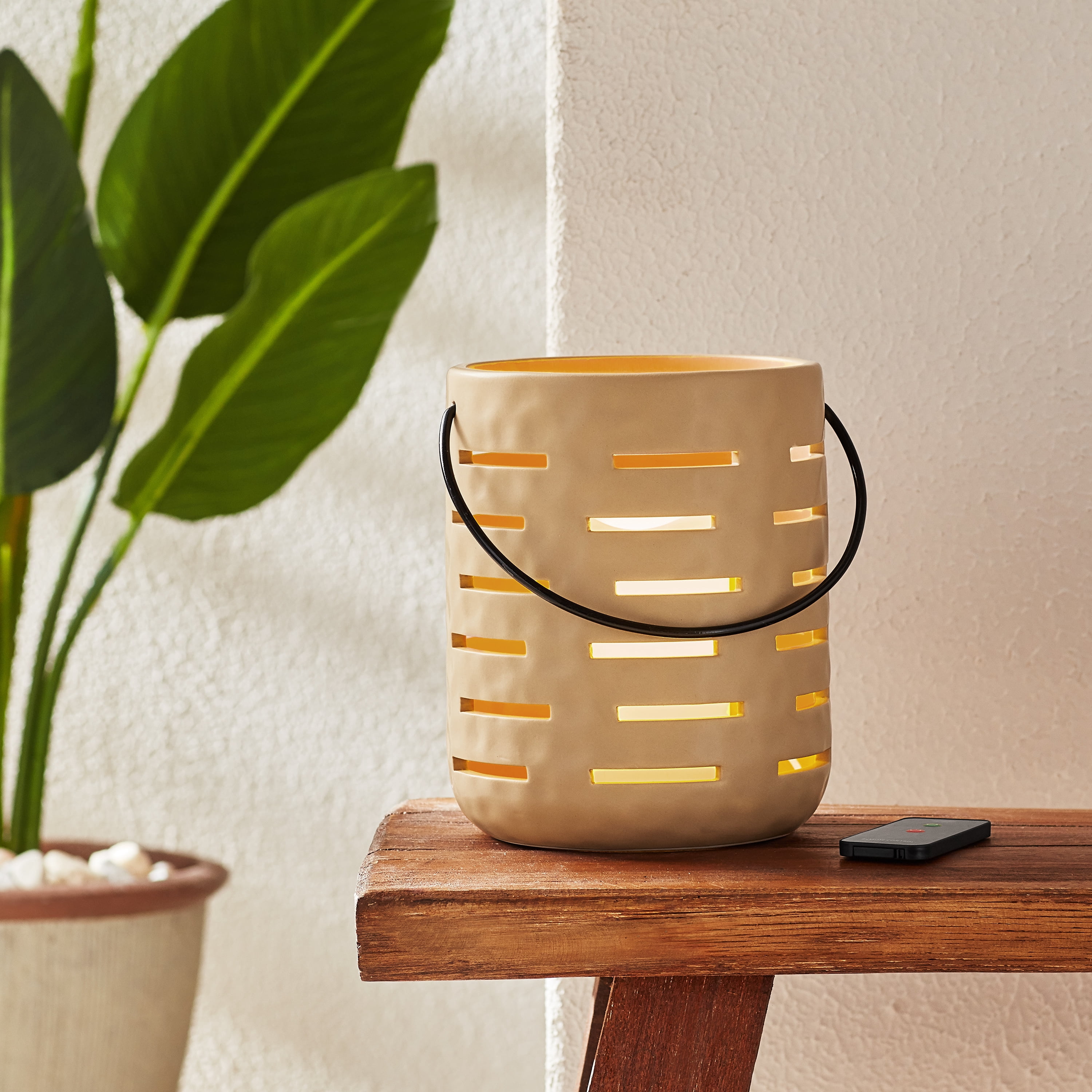 Better Homes & Gardens Small Linen Beige Battery Operated Outdoor Ceramic Lantern with Removable LED Candle by Dave & Jenny Marrs