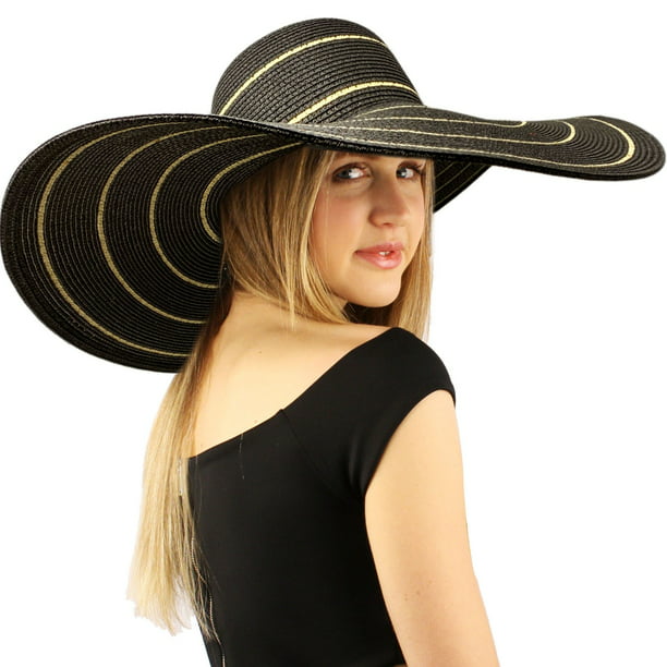 Summer Elegant Derby Big Super Wide Brim 8&quot; Brim Floppy Sun Beach Dress Hat  (Striped Lurex Black) - Walmart.com - Walmart.com