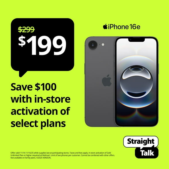 Straight Talk Apple iPhone 16e, 5G, 128GB, Black - Prepaid Smartphone [Locked to Straight Talk]