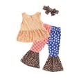 thumbnail image 3 of Aojekbee Girls Independence Day Clothes Set, Floral Embroidery Tops+Leopard Print Flared Trousers+Headband, 3 of 7
