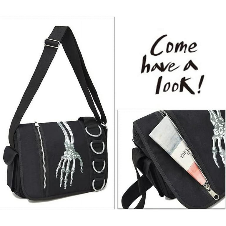 Danceemangoos Grunge Messenger Bag for School Fairy Aesthetic Tote Bag Y2K Goth Punk Skull Purse Gothic Indie Accessories (Black), Adult Unisex, Size