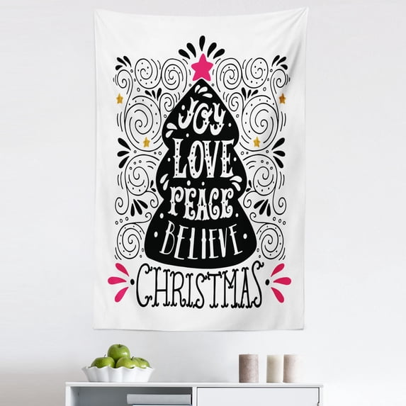 Joy Tapestry, Abstract Christmas Tree Pattern with a Tree Topper Curlicues Swirled Lines, Fabric Wall Hanging Decor for Bedroom Living Room Dorm, 5 Sizes, Dark Coral Black White, by Ambesonne