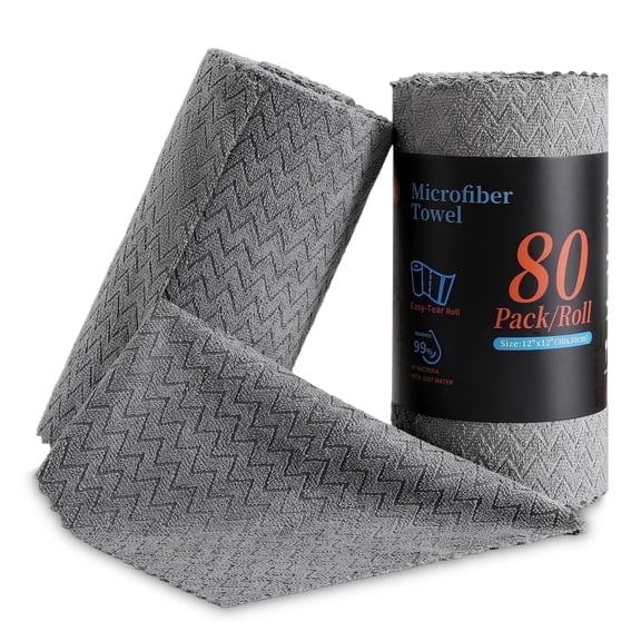 Jessy Home 80 Pack Textured Microfiber Clean Cloth Roll,Tear Away 12"x12" Reusable Paper Towel Lint Free Rags & Durable Dish Cloth, Ultra Absorbent Shop Towels for Kitchen,Car,Window-Dark Grey