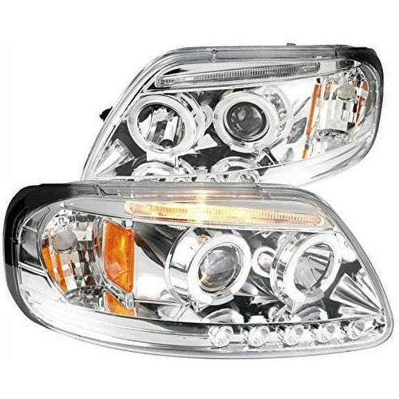 Dual LED Halo Projector Headlight In Chrome Housing Clear Lens Made For And Compatible With 1997 - 2003 Ford F150 F-150 Expedition 97 98 99 00 01 02 03