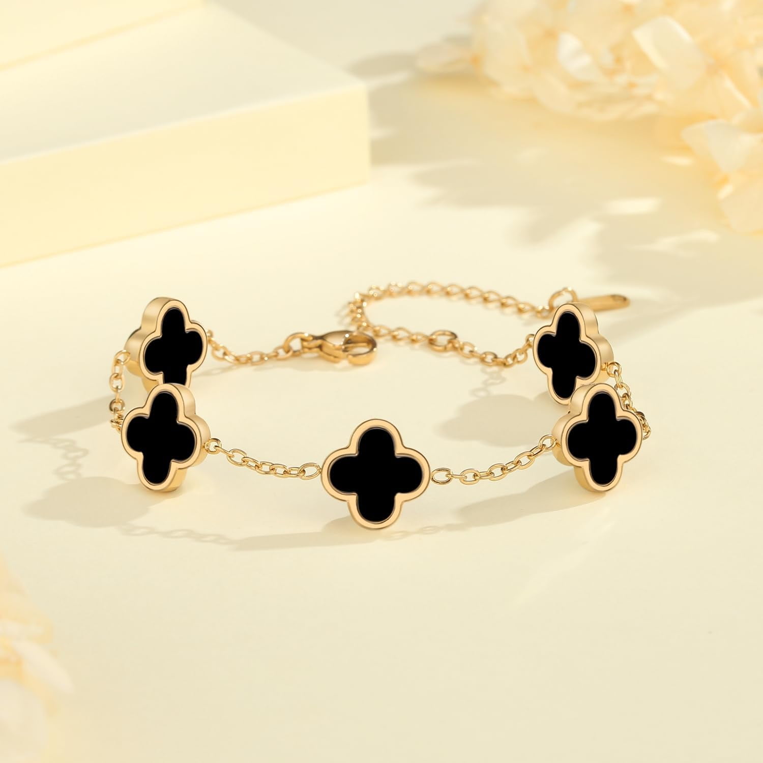 18K Gold Plated Clover Bracelet Set for Women White/Black/Gold/Silver/Green/Pink Adjustable Link Double-Sided Lucky Bracelets Trendy Bracelets Set Jewelry Gifts for Women Men