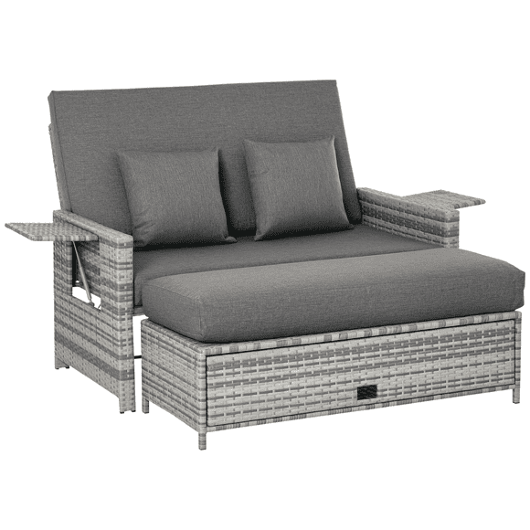 Outsunny 2 Piece Rattan Outdoor Daybed with Cushions and Storage, Grey