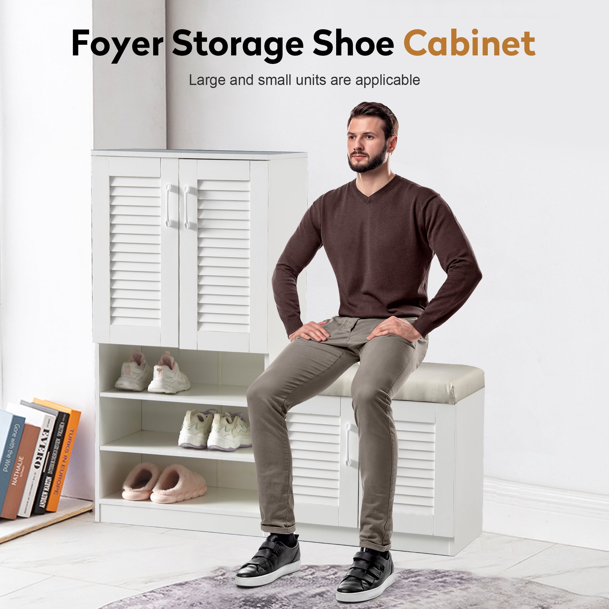 Aukfa Shoe Storage Cabinet with Cushion Bench, Shoe Bench Freestanding Shoe Rack for Mudroom, Hallway,White