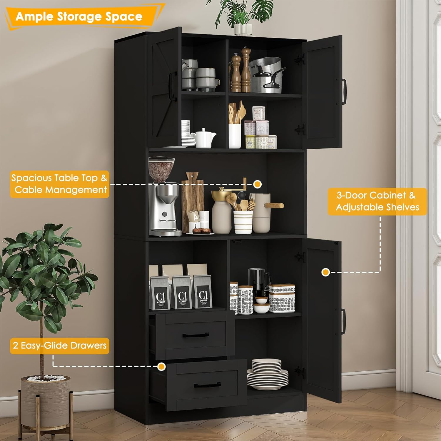 Winkalon 68'' Kitchen Pantry Hutch with Charging Station and LED Light, Buffet Storage Cabinet with Adjustable Shelves, Black