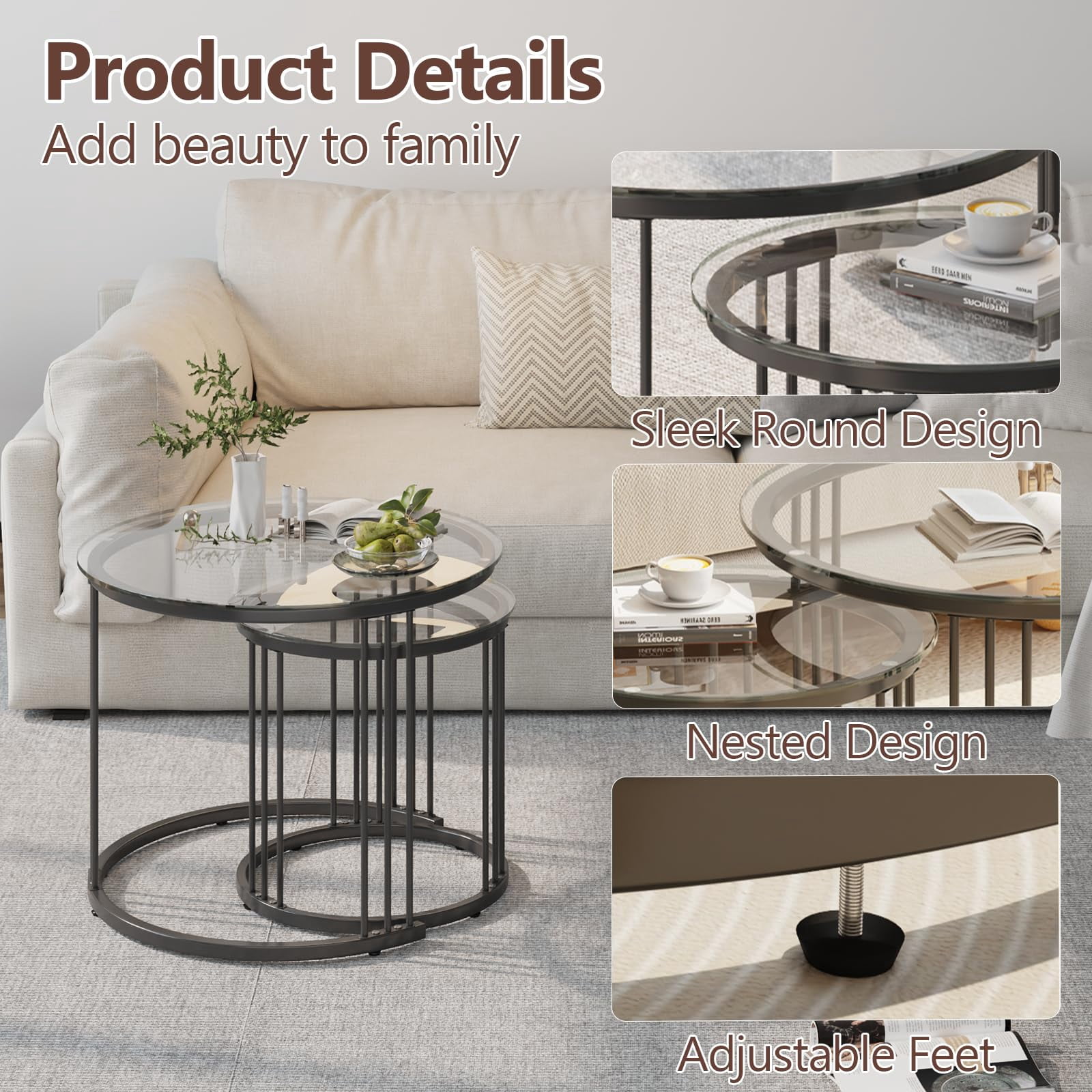Nesting Coffee Table, 23.6" Round Coffee Table Set of 2, Glass Nesting Table with Metal Frame, Ceter Tables for Living Room Bedroom Balcony, Black