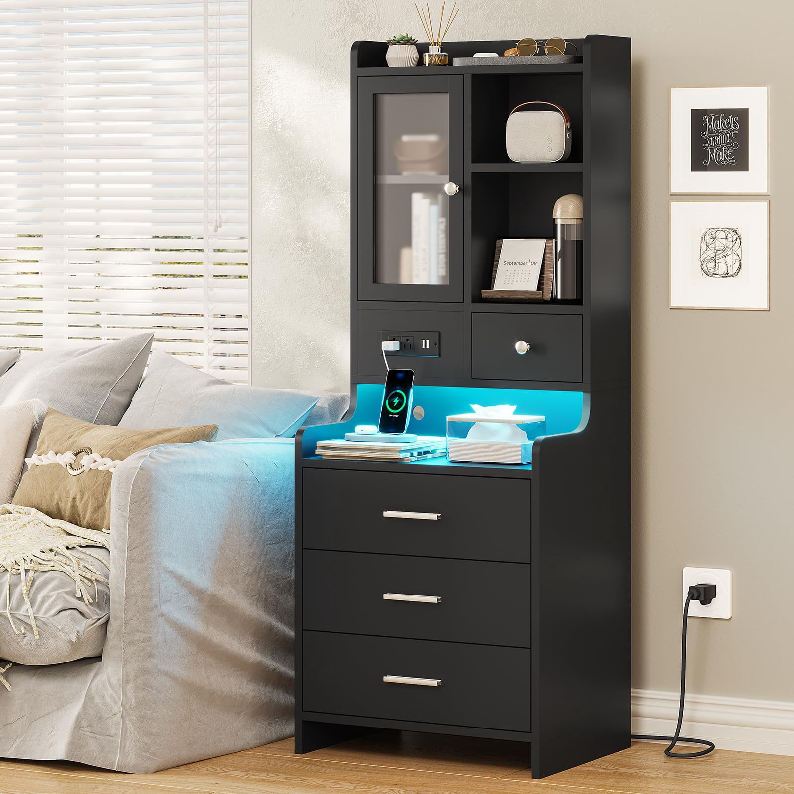 Tall Night Stand with Charging Station and LED Lights,49.2" Nightstand with Shelf and Glass Door, Bedside Table with Drawers,Black