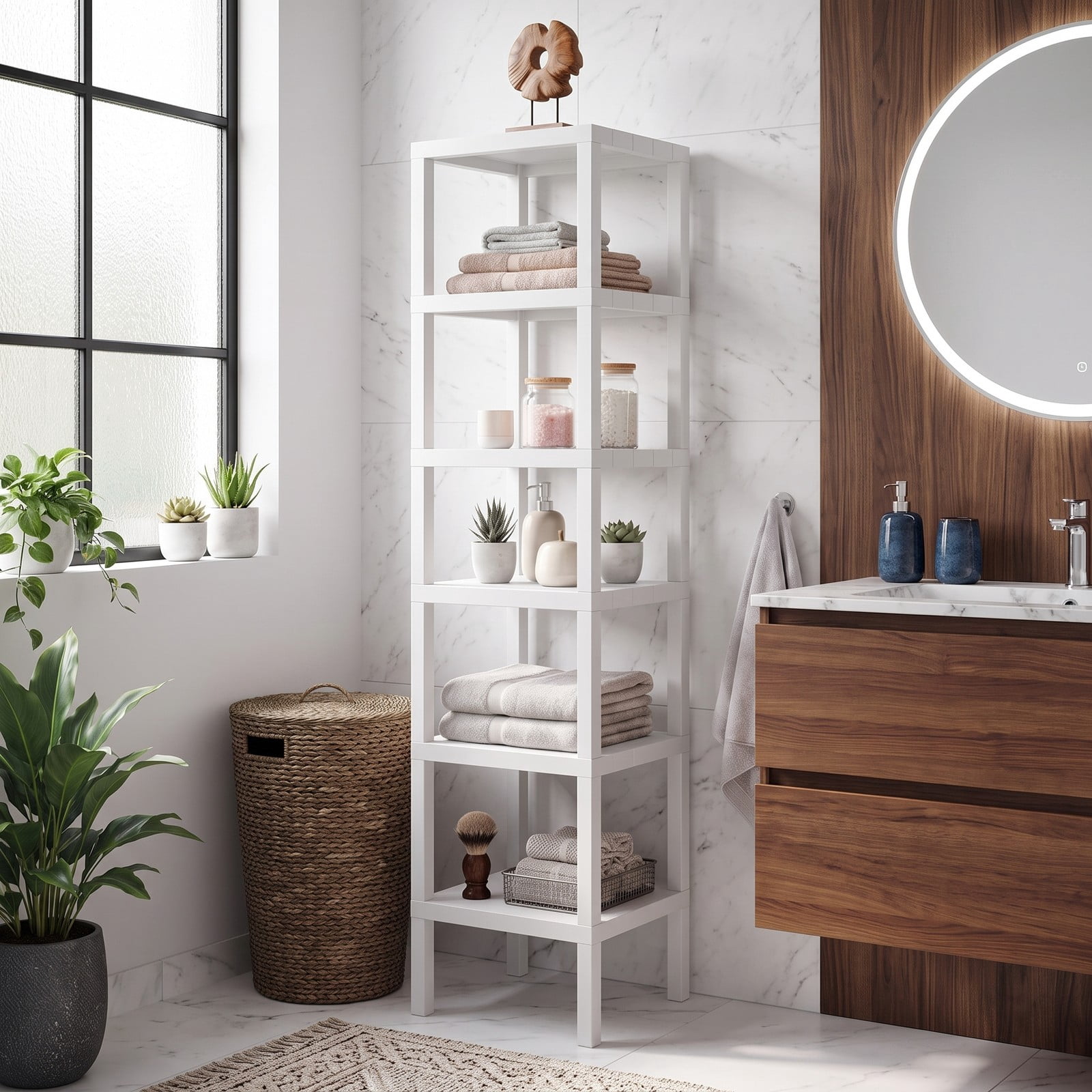 Biotree 6-Tier Plastic Modular Storage Shelves, Freestanding Open Shelving Rack Organizer for Living Room, Kitchen, Bathroom and Garage, Tool-Free Assembly, White