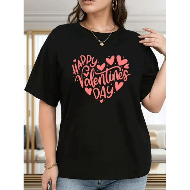Plus Size Fun Valentine'S Day, Love, Print Print Round Neck Women'S Casual T-Shirt Tee For Adult, Men, Women, Teen, Teenager, Adolescent, Youth