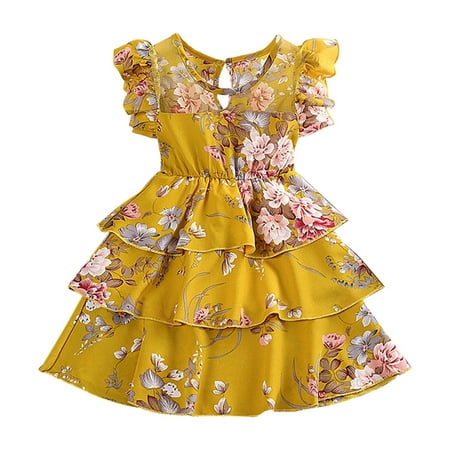 

Girls Children Fly Sleeve Layered Skirt Flowers Printed Ruffles Beach Sundress Party Dresses Child Leisure Outwear