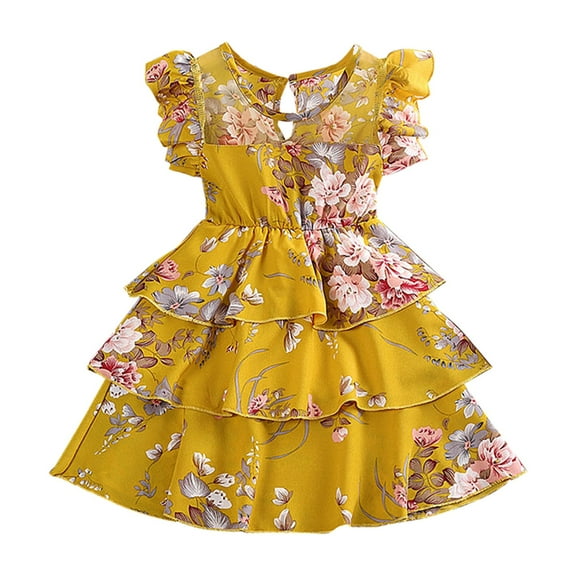 PINQI Fashion Baby Girls Dresses Girls Child Fly Sleeve Layered Skirt Flowers Prints Ruffles Beach Sundress Party Dresses Girls Birthday Dress