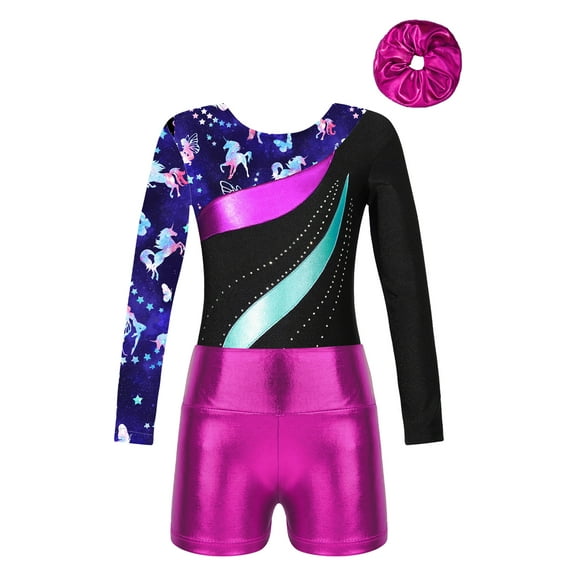 Miutii Gymnastics Jersey Leotards Girls Sparkly Long Sleeve Ballet Dance Unitards with Shorts Biketards Set Hairband Fairy 14