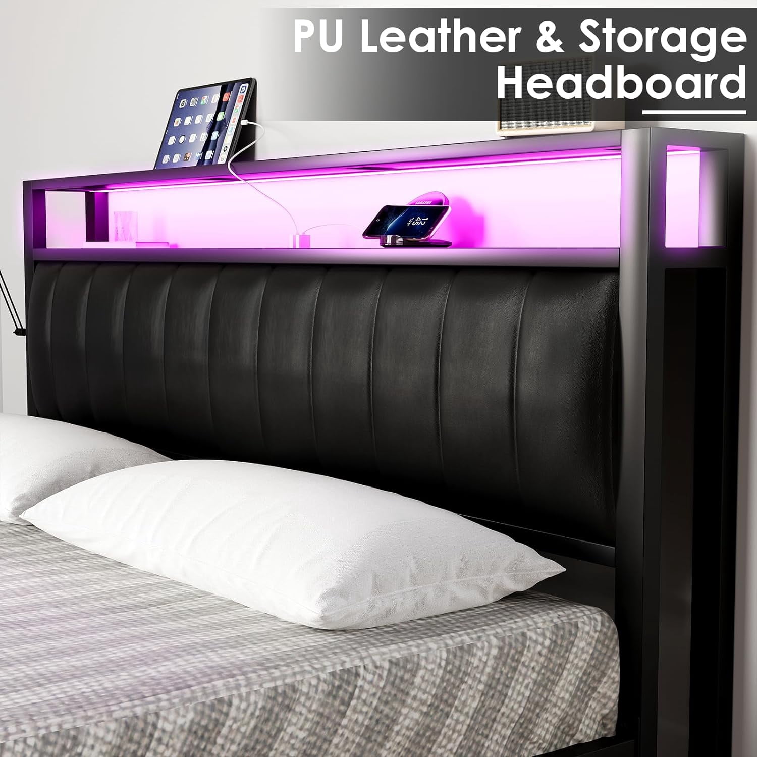 VanAcc Queen Size Platform Bed Frame, LED &Charging Station, 2-Tier Storage Headboard, Black