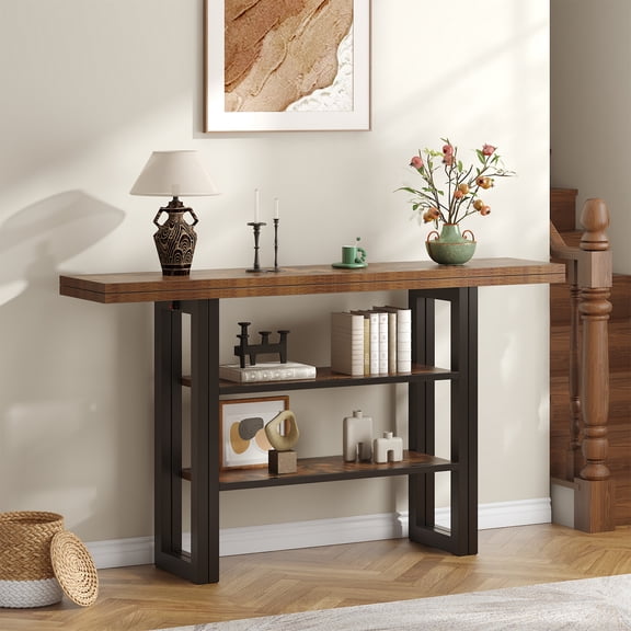 Meteorleg 55.1 Inch Console Table, 3 Tier Narrow Sofa Table with Foldable Table Top, Wood Entryway Behind Couch Table for Hallway, Living Room