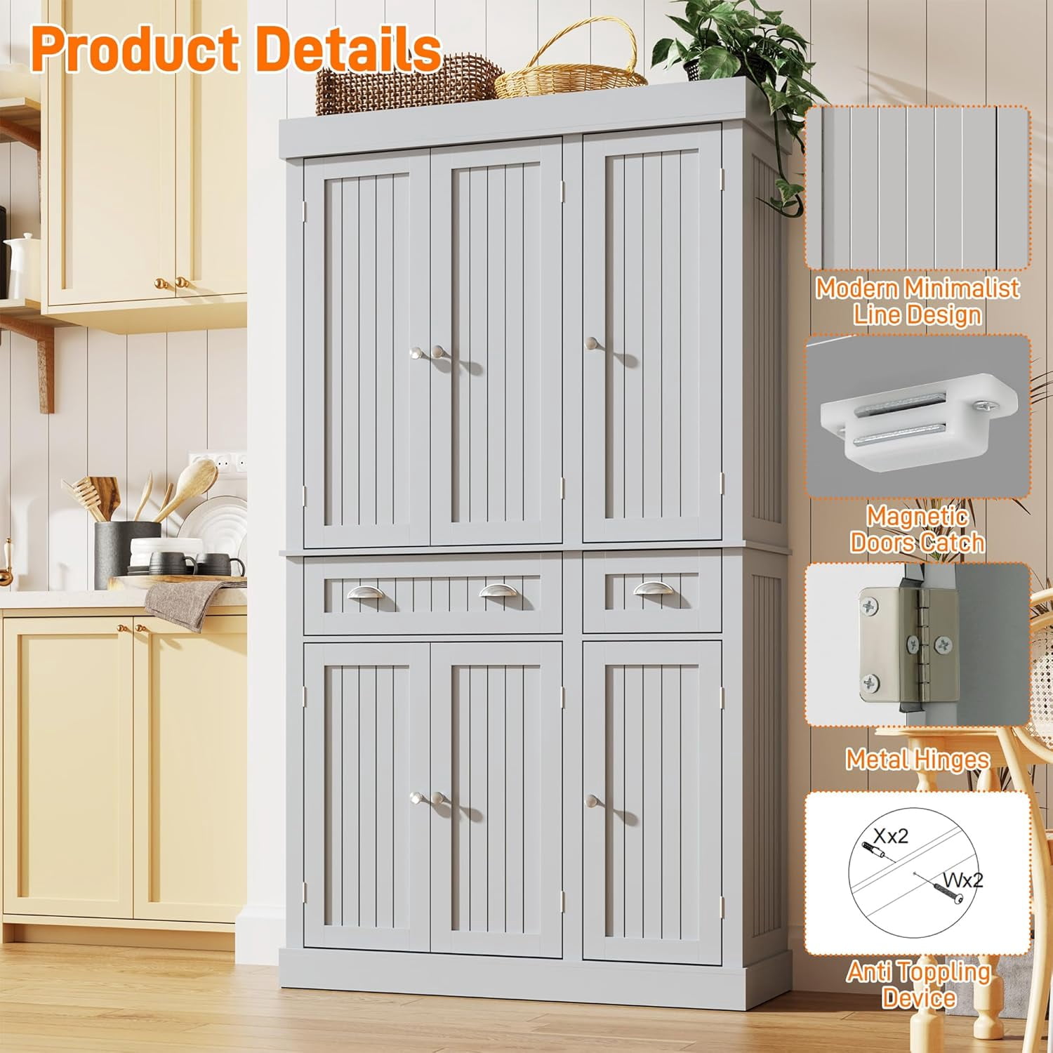 ChVans 71" Tall Kitchen Pantry with 6 Doors, Storage Cabinet with 2 Large Drawer 6 Hanging Shelves, Freestanding Cupboard for Dining Room Living Room