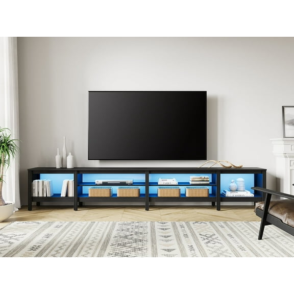 Fitueyes Modern TV Stand for 100 inch TVs, Wood TV Console Table for 80/85/90 inch TV with 6 Storages & LED Light for Living Room Bedroom, black