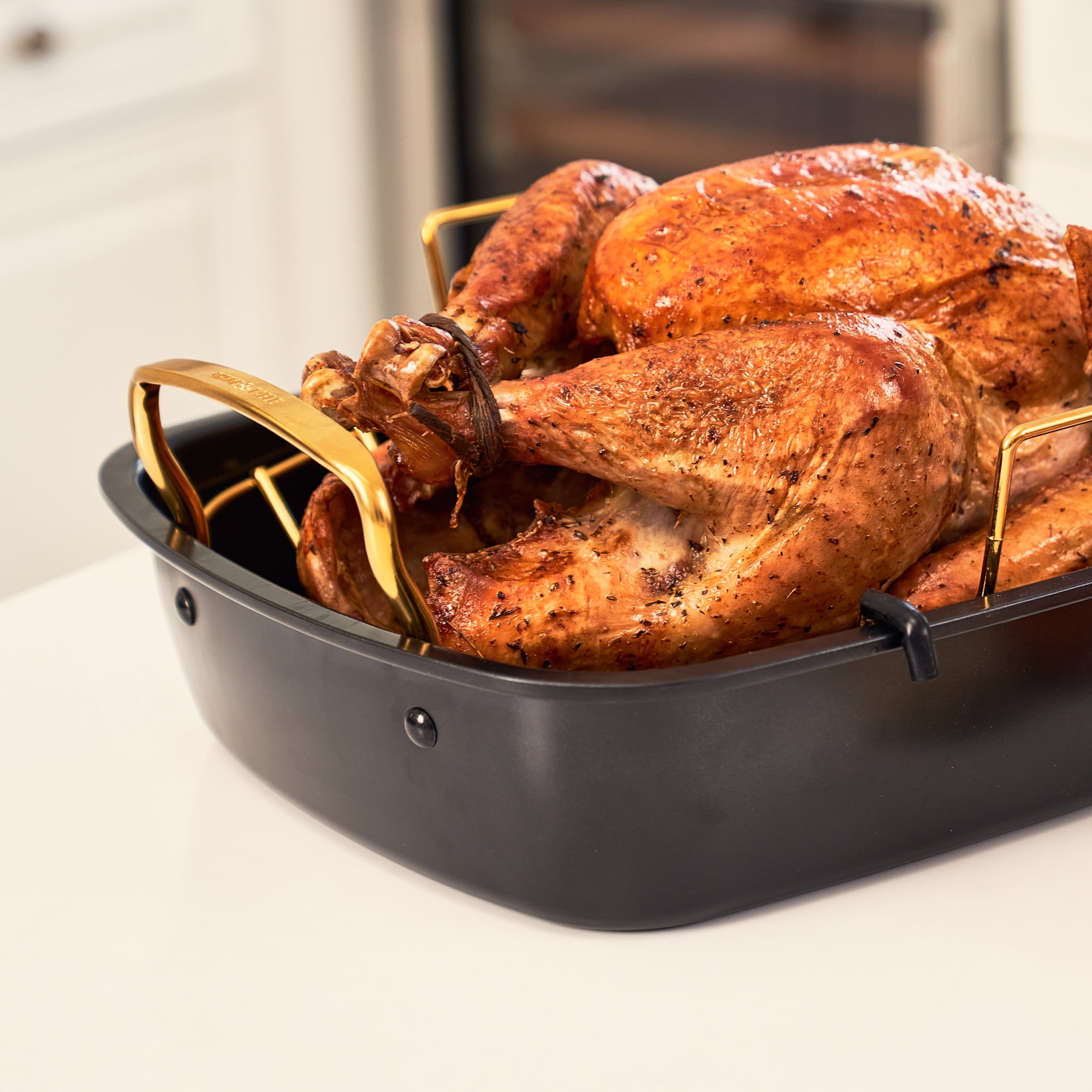 Thyme & Table 17-inch Carbon Steel Non-Stick Roasting Pan with Rack - Black and Gold