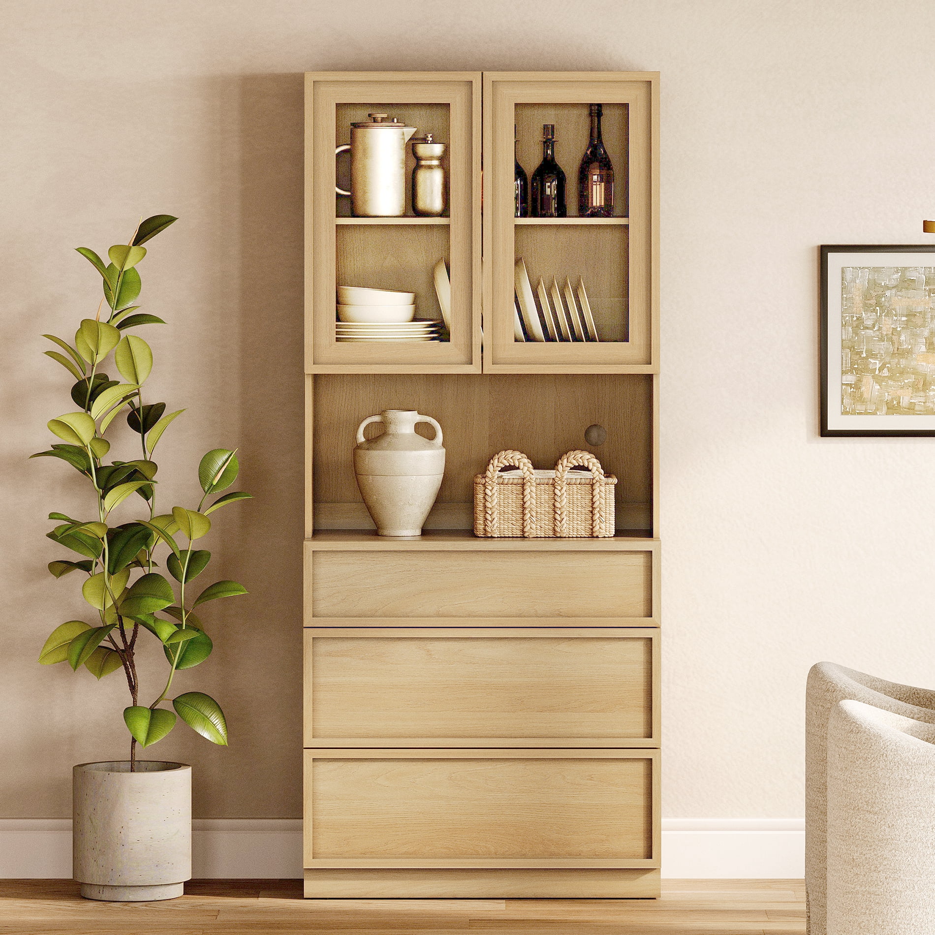 Modern 72" Tall Wood Sideboard Buffet with 3 Drawers, Glass Display & Closed Storage for Dining Kitchen,Oak