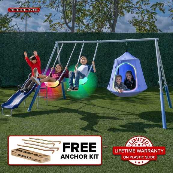 Sportspower Shooting Star Metal Swing Set with LED Swings, 5' Slide with Lifetime Warranty, & Bonus Anchor Kit, Great for Kids Aged 3-8